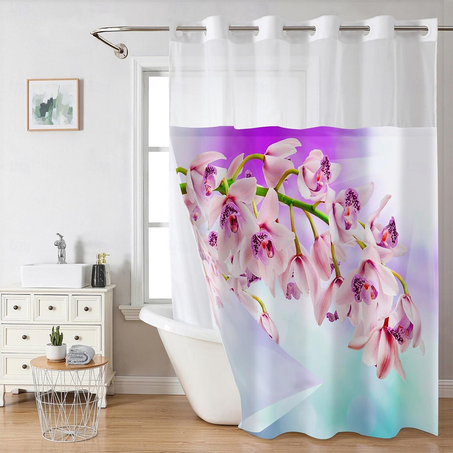 Ensemble de rideaux de douche à motifs floraux en tissu gaufré avec doublure snap-in et fenêtre transparente polyester déperlant haut avec œillets sans crochet rideau de séparation de salle de bain de 2025 ? $41.99 –P15