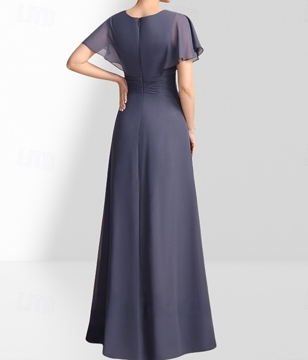 A-linje Mor til bruden Kjole Bryllupsgjester Elegant Crew Hals Gulvlengde Chiffon Korte Ermer med Pynt Rynking 2025 - $180.99 –P2