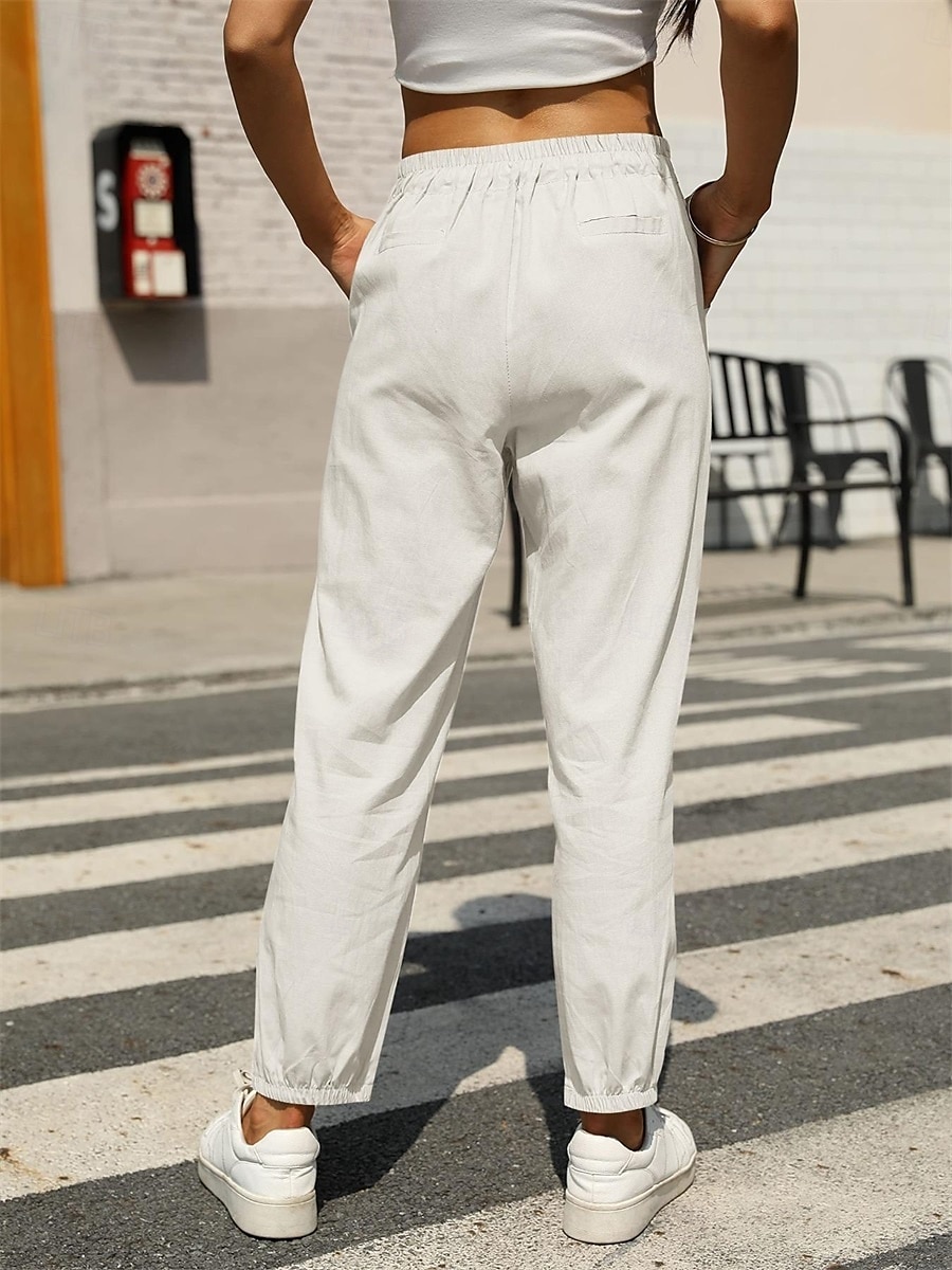 Women's Baggy Pants Chinos Fashion Streetwear Full Length Medium Waist Plain Pocket Drawstring Comfy Soft Comfortable Linen Like Micro-elastic Outdoor Street Black White Army Green Khaki Summer 2025 - $25.99 –P2