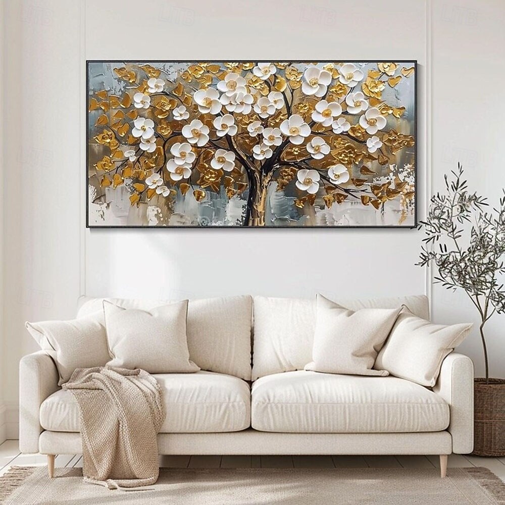 3D strukturiertes Goldölgemälde, handgemalte Wandkunst, Goldfoliengemälde, Bäume, Kunstgemälde, handgemachtes goldweißes blühendes Turmbaumgemälde auf Leinwand für Wohnzimmerkunst, Naturmalerei, 2025 - $61.99 –P1
