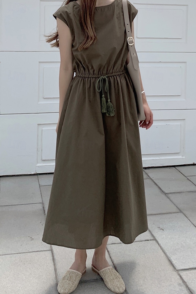 Per donna Abito Midi Abiti in cotone e lino Moda Classico Moderno All'aperto Quotidiano Ferie Vestibilità regolare Semplice Senza Maniche Girocollo Nero Verde chiaro Verde militare Blu marino Estate del 2025 a $26.99 –P15