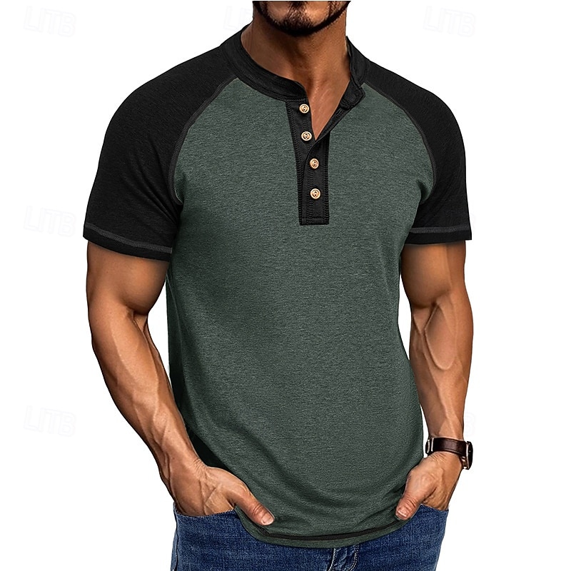2026年 男性用 ヘンリーシャツ ティートップ ベースボールTシャツ 半袖 カラーブロック ファッション デザイナー ラグランスリーブ ヘンリー バケーション ストリート お出かけ 夏 ダークグレー ブラック グレー ヘンリーTシャツ  コレクション – $21.99 –P11