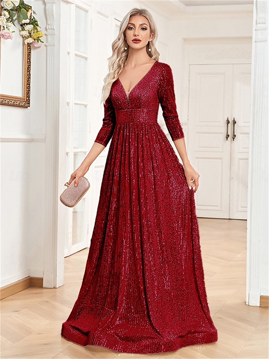 A-linjade Quinceanera Klänningar Elegant Klänning Bröllop Bröllop Gäst Golvlång 3/4 Lång Ärm V-hals Bomull med Strass 2025 - $105.99 –P10