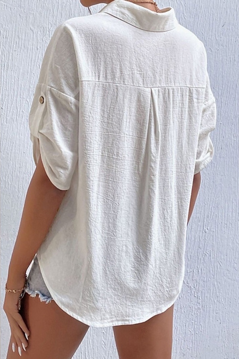 Damen Hemd Baumwoll-Leinen-Hemden Knopfleiste Bluse Einfach Basic Lässig Kurzarm Hemdkragen Normale Oberteile Ferien Ausgehen Knöpfe Tasche Schwarz Weiß Marineblau Khaki Grau Sommer 2025 - $21.99 –P6