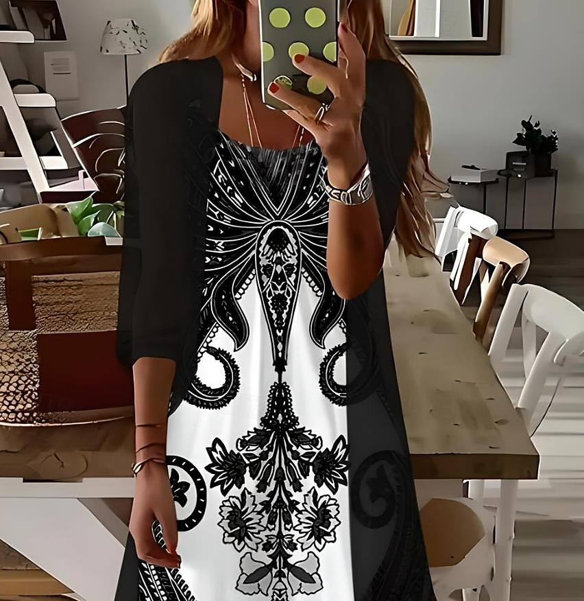 Damen Maxikleid 2 Teile Kleid Set Sommerkleid Slip Kleid Urlaub Formal Boho Urlaub Lockere Passform Grafik Paisley 3/4 Ärmel Träger V-Ausschnitt Schwarz Sommer Frühling 2025 - $51.99 –P2