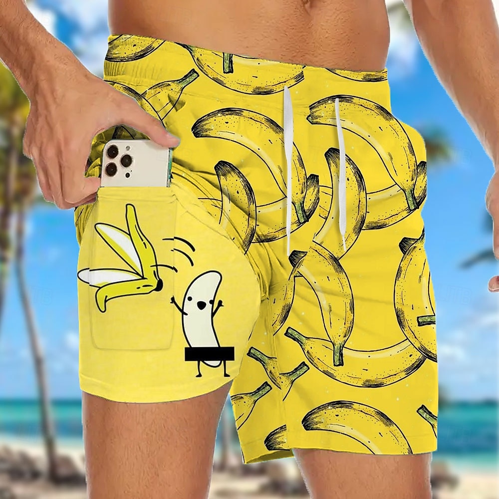 Men's Funny Banana Lined Shorts 2 in 1 Board Shorts Swim Shorts Mid Waist Hawaiian Vacation Holiday Beach Wear Side Pockets With Compression Liner Elastic Drawstring Waist Designer Clothing Apparel 2025 - $21.99 –P3