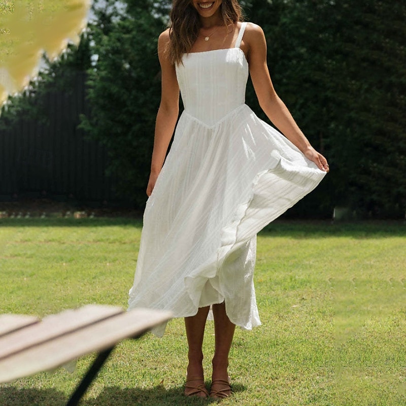 Per donna Abito Midi Abito Bianco Abito da laurea Abito Sottoveste Moda Compleanno Ferie Data Vestibilità regolare Semplice Senza Maniche Spalline sottili Bianco Estate del 2025 a $31.99 –P6