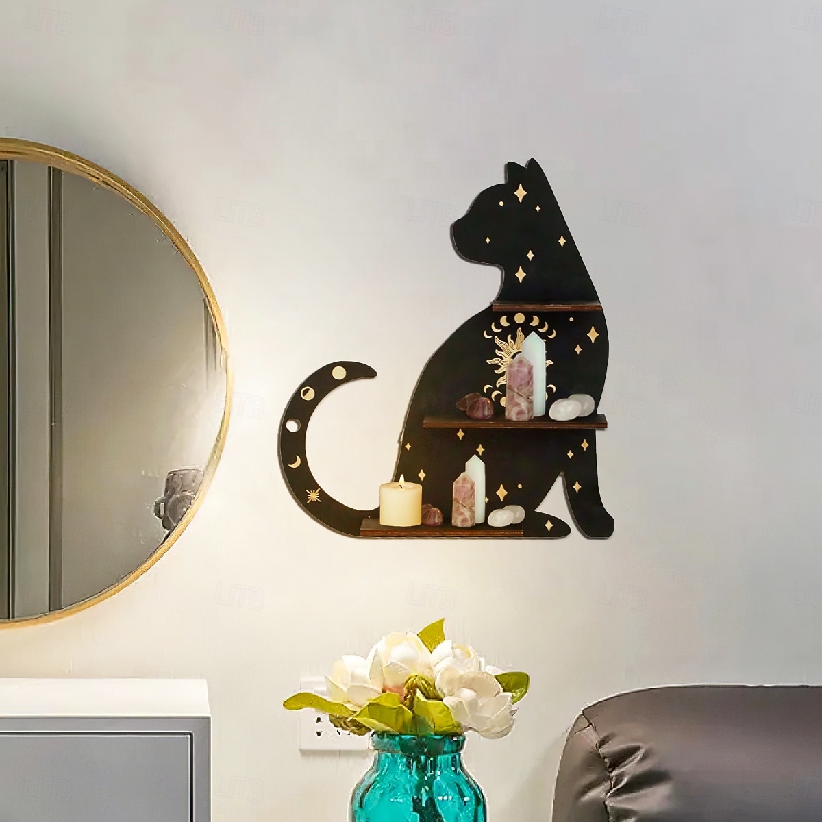 Raft de perete cu siluetă de pisică neagră cu accente aurii – afișaj suspendat din lemn boho pentru cristale, lumânări și decor – suport drăguț montat pe perete cu pisicuță pentru sufragerie, dormitor 2026 - $16.99 –P7