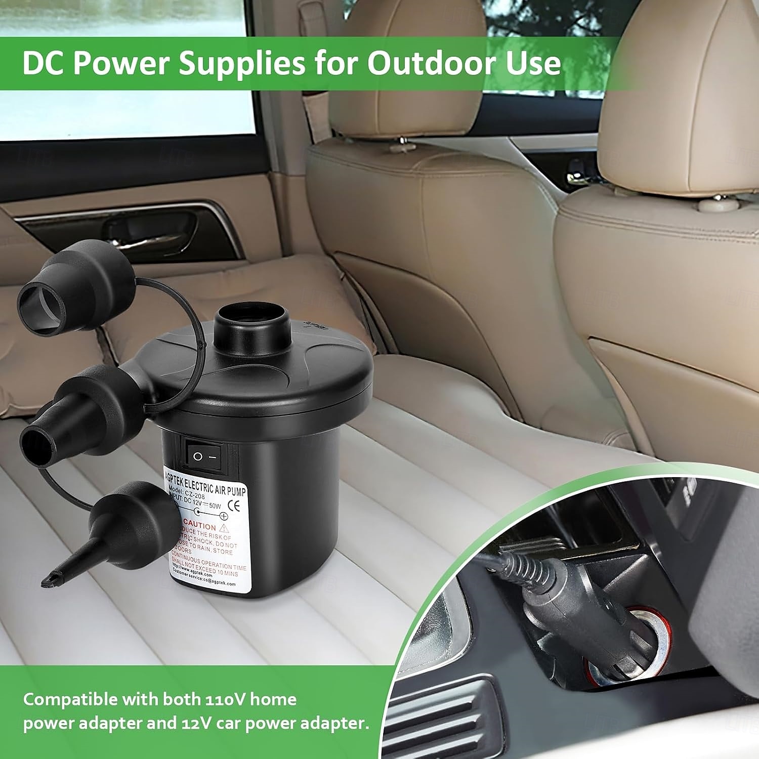 Pompe à air électrique portable à remplissage rapide avec 3 buses, gonfleur/dégonfleur AC/12 V CC pour matelas pneumatiques de camping en plein air de 2025 ? $23.99 –P1