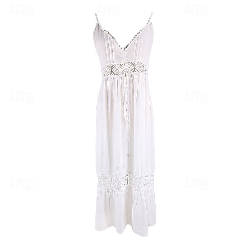 Women's Midi Dress Cotton Linen Dress Slip Dress Boho Dress Basic Classic Modern Vacation Holiday Going out Regular Fit Plain Sleeveless Spaghetti Strap White Summer 2025 - $26.99 –P9