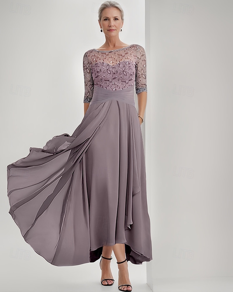 Blue Green Embroidered A-Line Dress Mother of the Bride Dress Elegant Jewel Neck Floor Length Chiffon Half Sleeve Wrap Included with Lace Ruffles Tier 2025 - $178.99 –P3