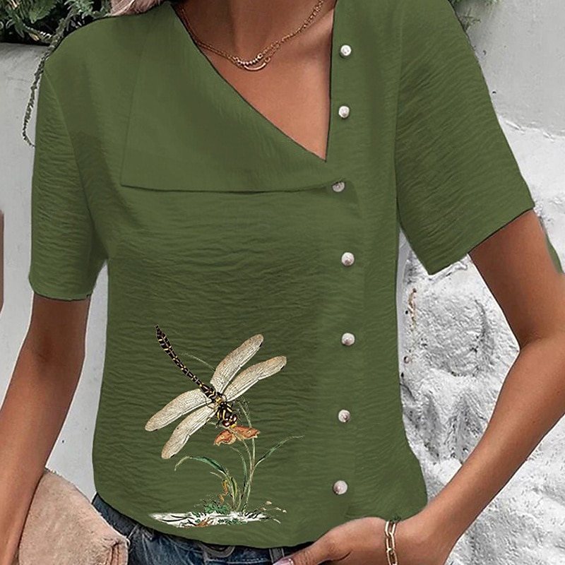 Women's Blouse Cotton Linen Shirts Flower Basic Casual Short Sleeve Asymmetrical Regular Tops Daily Holiday Buttons Print Black Blue Green Summer 2025 - $23.99 –P3