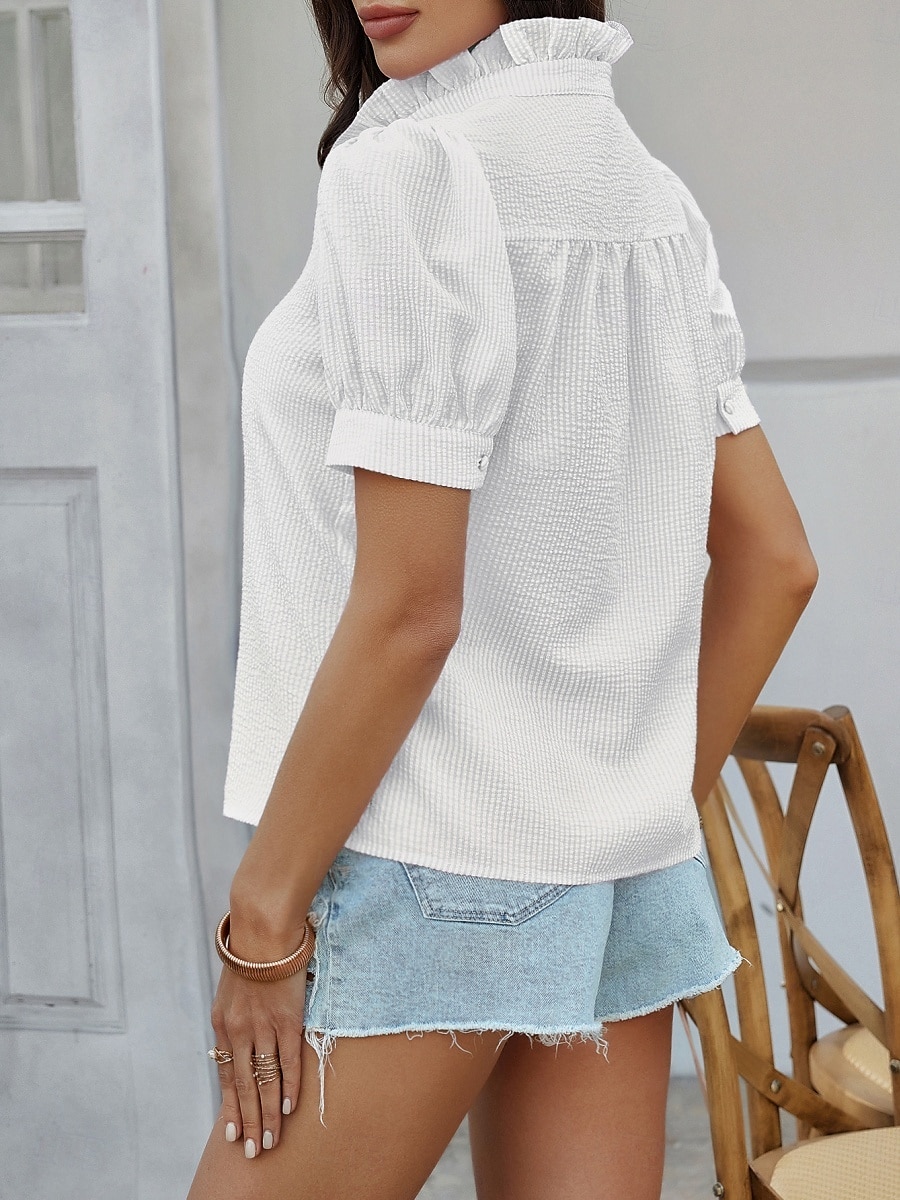 Dames Overhemd Gestreept Stijlvol Casual Korte mouw Overhemdkraag Normale tops Dagelijks Ruche Knop Afdrukken Wit Blozend Roze blauw Groen Zomer 2025 - $31.99 –P7