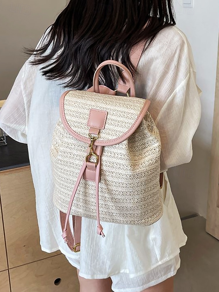 stro rugzak voor vrouwen – boho geweven rotan reistas met leren banden, chique zomer strand rugzak, casual vakantie & dagelijks gebruik handtas wit roze bruin 2025 - $29.99 –P3