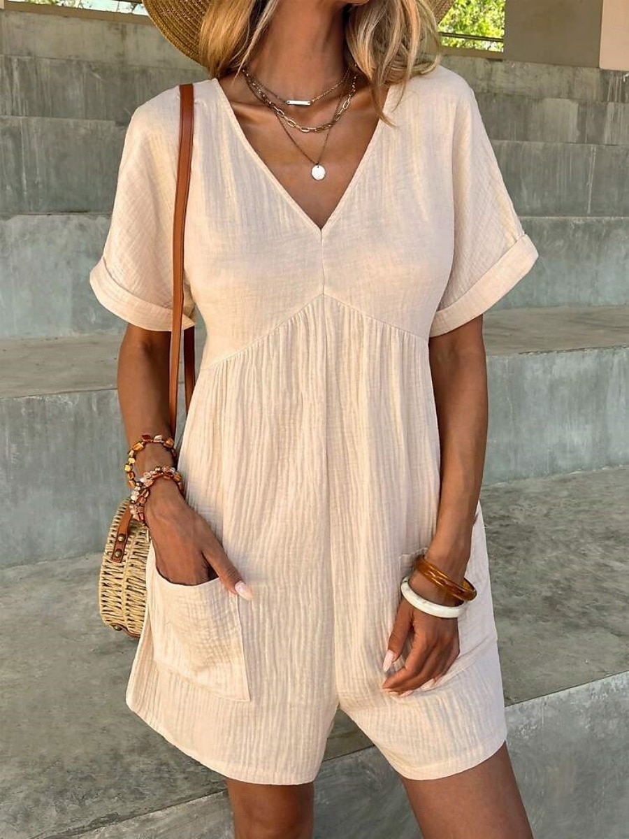 Rompers pour femmes couleur unie manches courtes col en V poches vacances quotidien coupe régulière noir vert abricot été de 2025 ? $34.99 –P1