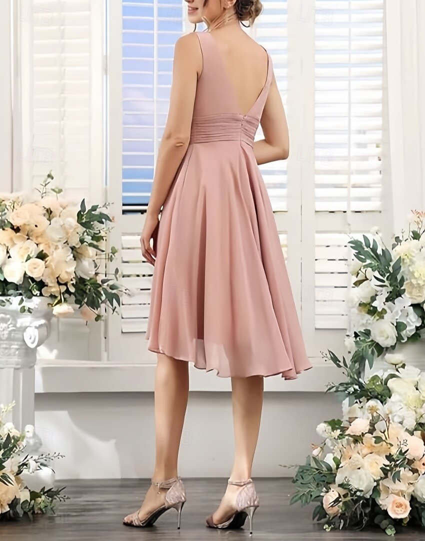 A-Line Bridesmaid Dress V Neck Sleeveless Elegant Knee Length Chiffon with Ruffles / Ruching 2025 2025 - $129.99 –P2