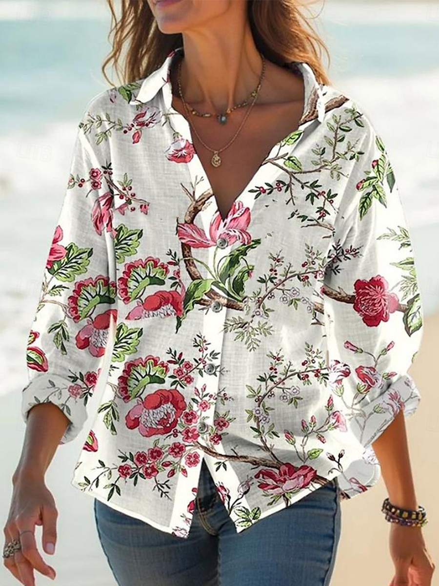 Damen Bluse Floral Grafik Stilvoll Lässig Leinenähnlich Langarmshirt Kragen Reguläre Tops Täglich Urlaub Leinenähnlich Ausgehen Knöpfe Weiß Pink Grün Sommer Frühling 2025 - $32.99 –P3