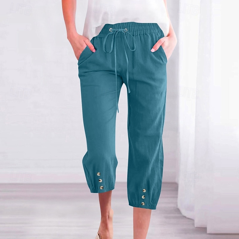 Mulheres Calças Capri Calças de linho de algodão Calças Roupa de rua Casual Comprimento da panturrilha Cintura Alta Natural Tecido Bolsos Design de cordão elástico Respirabilidade Macio Confortável de 2025 por $17.99 –P2