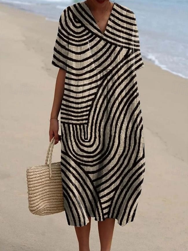 Damen Midikleid Sommerkleid A Linie Kleid Urlaub Lässig Strand Ausgehen Lässiger Schnitt Grafik Geometrisch Kurzarm V Ausschnitt Weinrot Orange cremefarben Dunkelgray Sommer 2025 - $36.99 –P1