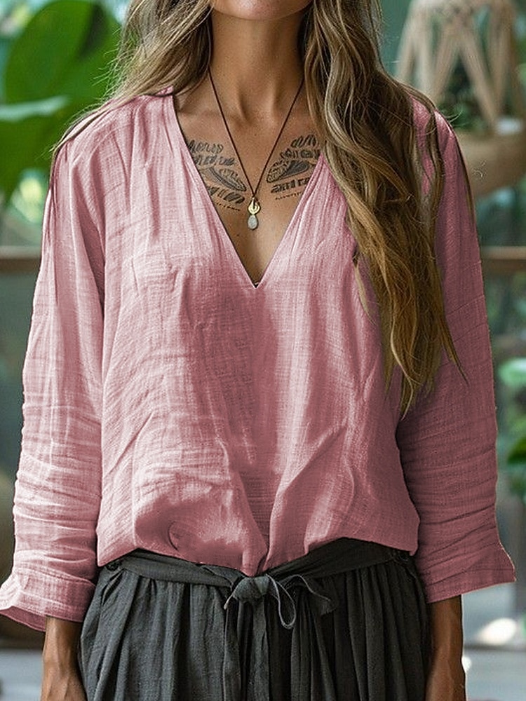 Per donna Camicie ispirate al lino Maglietta Blusa Semplice Elegante Casual Manica Lunga Scollo a V Top Regolari Quotidiano Uscire Weekend Rosa Verde militare Cachi Azzurro Estate Primavera Autunno del 2025 a $23.99 –P1