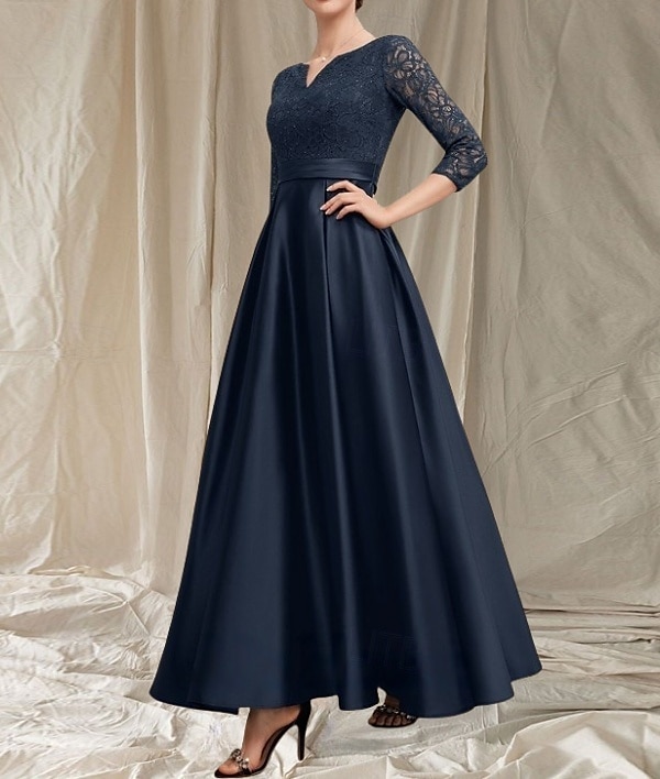 Vestido en Corte A Para la Madre de la Novia Invitada de Boda Elegante Escote en V Largo Satén Encaje Manga 3/4 con Encaje 2025 - $178.99 –P4