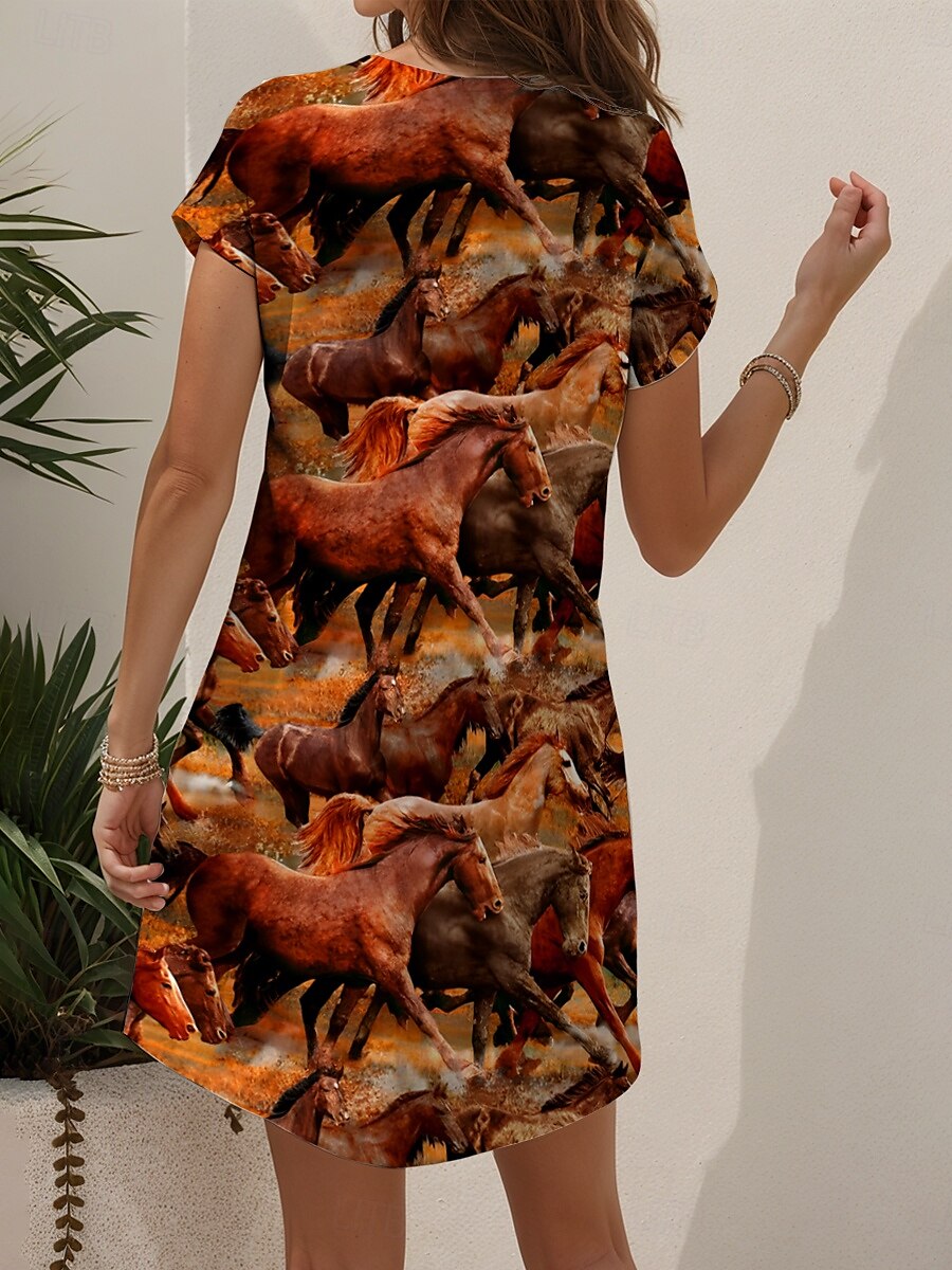 Kentucky Derby Damen Mini Kleid A-Linien Kleid Lässiges Kleid Sommerkleid Lässiger Urlaub Alltag Reguläre Passform Grafisch Tierisch Kurze Ärmel Rundhalsausschnitt Weinfarbe Sommer Frühling 2025 - $22.99 –P2