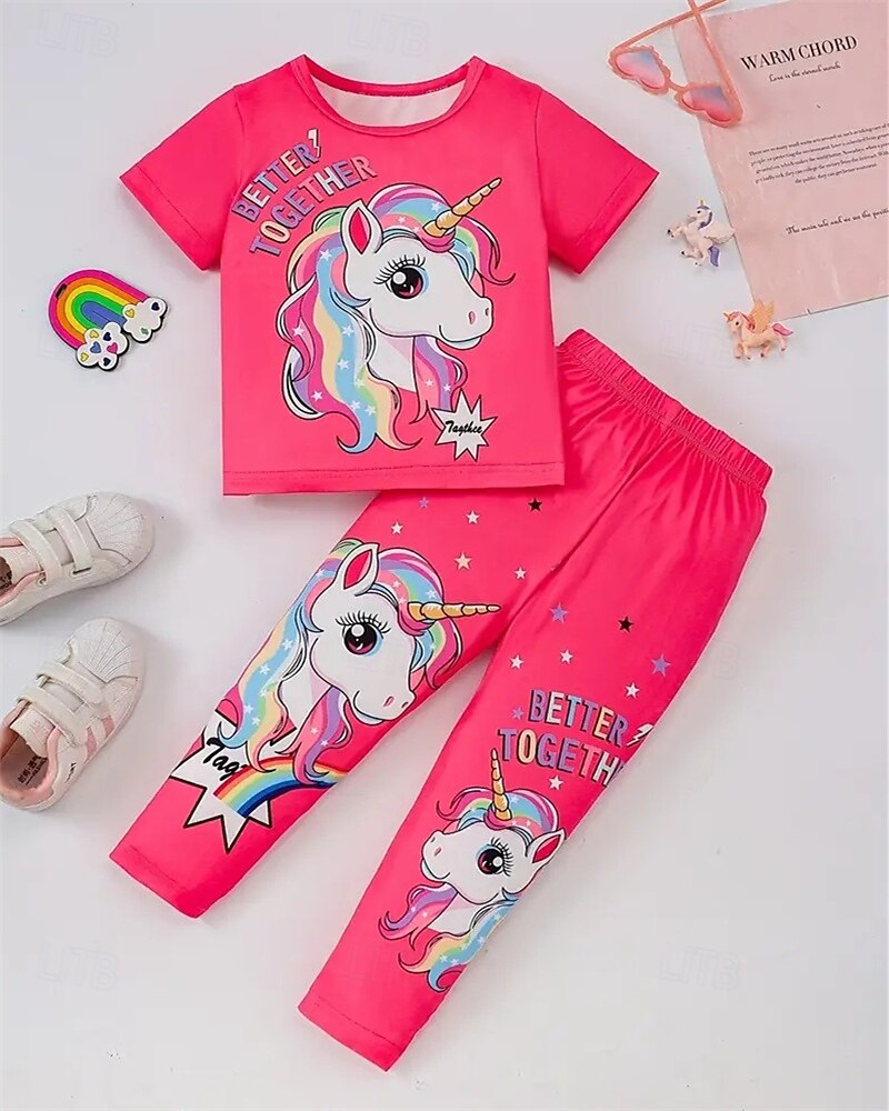 Tyttöjen 3D Yksisarvinen Pyjama-setit Tee & Pants Pyjama-setit Lyhythihainen 3D-tulostus Kesä Kevät Aktiivinen Perus Lapset 4 vuotta + Tiukka pyöreä kaula-aukko Koti Päivittäin Normaali 2025 - $17.99 –P1