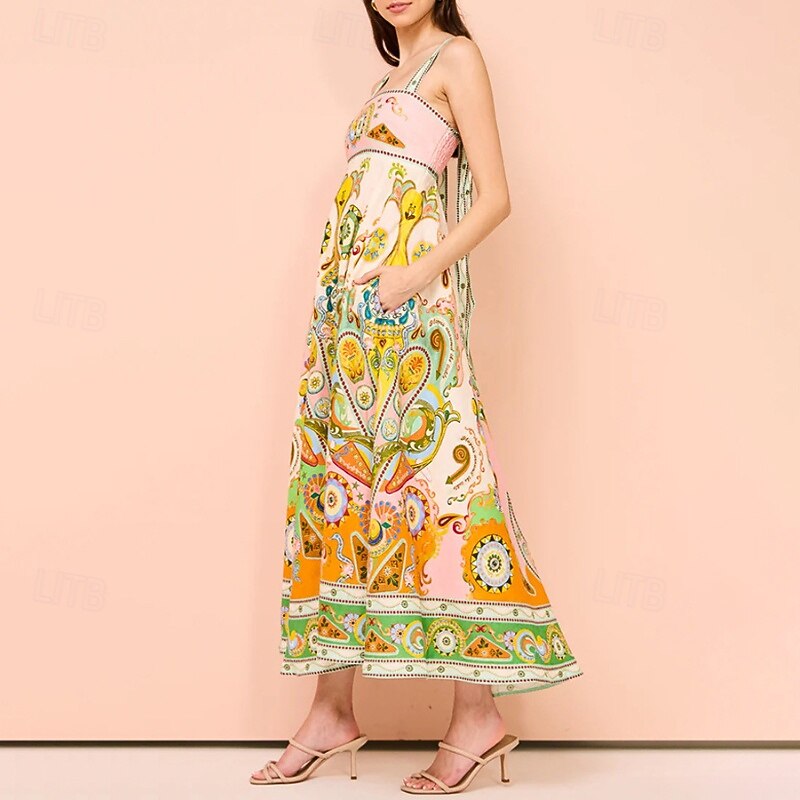 Abito midi da donna, abito floreale, abito sottoveste, abito stampato, moda, classico, per uscire all'aperto, fine settimana, vestibilità regolare, fiore, senza maniche, spalline sottili, verde, estivo del 2025 a $31.99 –P3