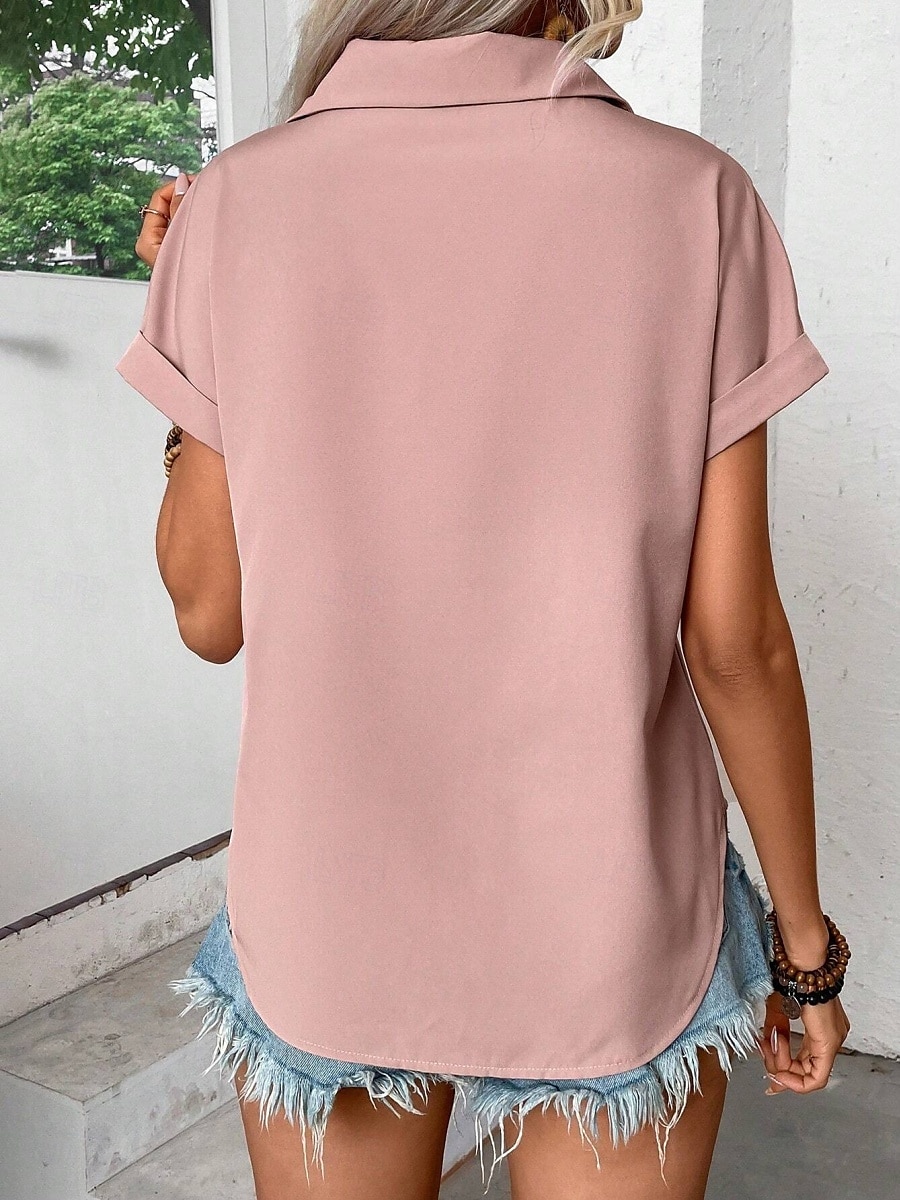Kvinners Skjorte Ensfarget Stilig Casual Korte Ermer Skjorte Krage Regulerte Topper Daglig Knapper Lomme Rosa Blå Lilla Grønn Rosarød Sommer Vår 2025 - $31.99 –P10