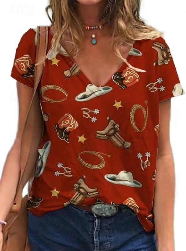 Femmes Hauts d'été Graphique Tribal Mode Western Occasionnel Manche Courte Col en V Hauts Réguliers Quotidien Sortir Week-end Patchwork Imprimé Rose Claire Rouge Gris Clair Été Printemps de 2025 ? $17.99 –P1