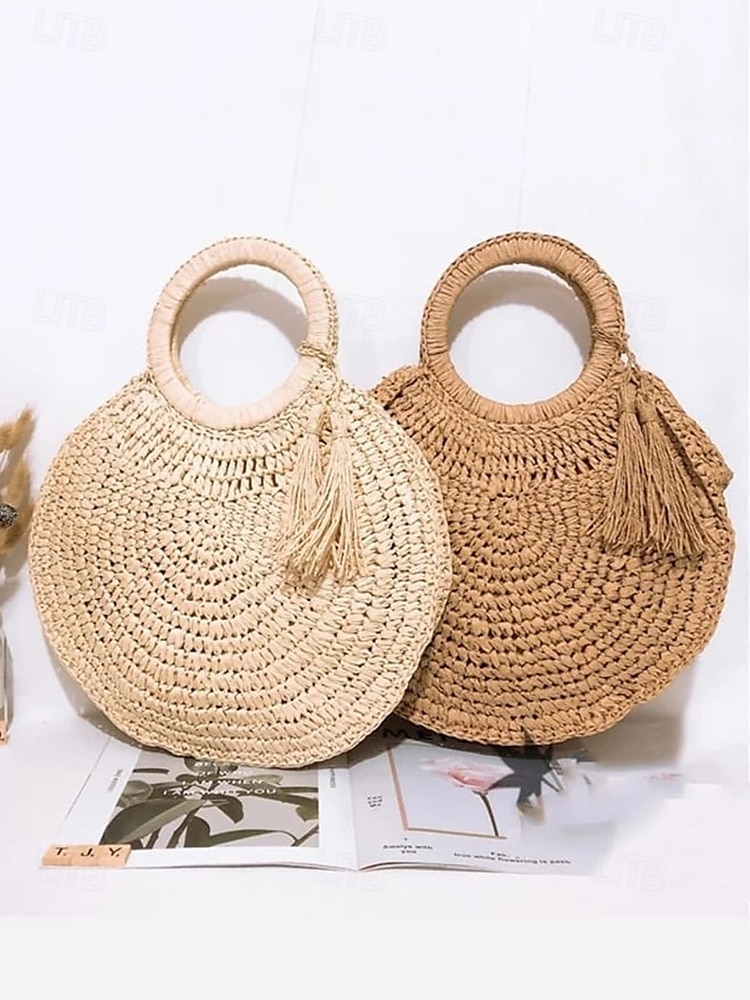 Women's Large Capacity Handmade Woven Straw Round Tote Bag - Bohemian Beach Tote with Tassels, Summer Vacation Rattan Wallet for Travel, Shopping and Vacation Brown Beige 2025 - $24.99 –P5