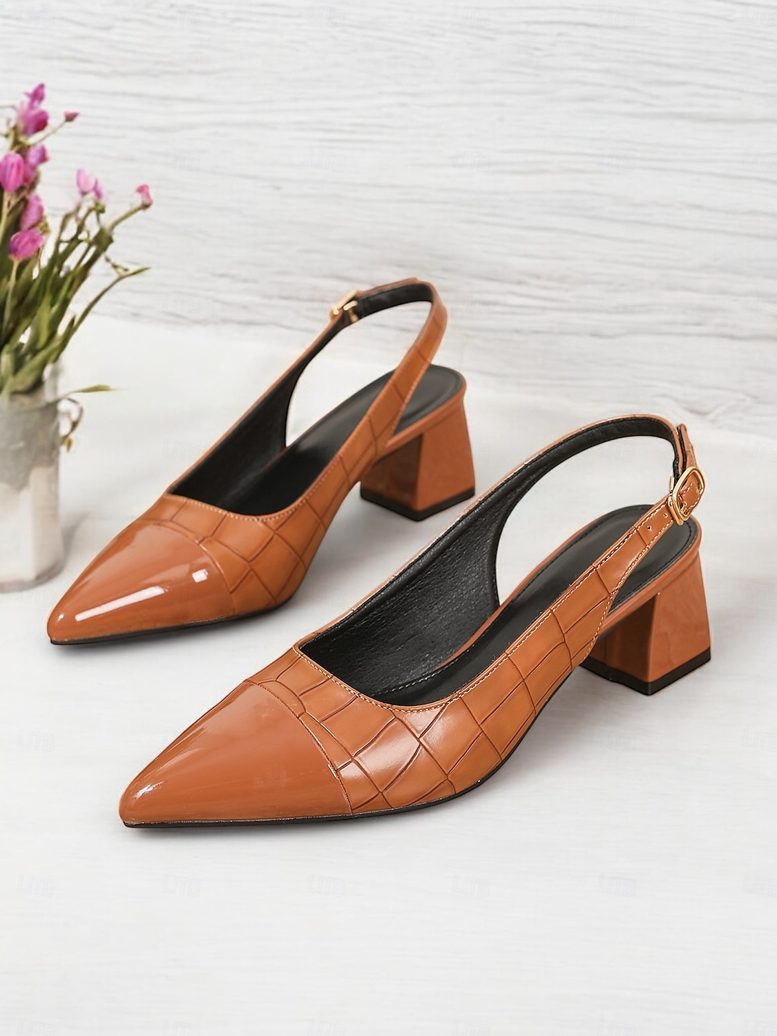 Women's Patent Leather Pointed Toe Slingback Heels – Elegant Croc-Embossed Block Heel Pumps for Office, Party and Formal Events 2025 - $32.99 –P1