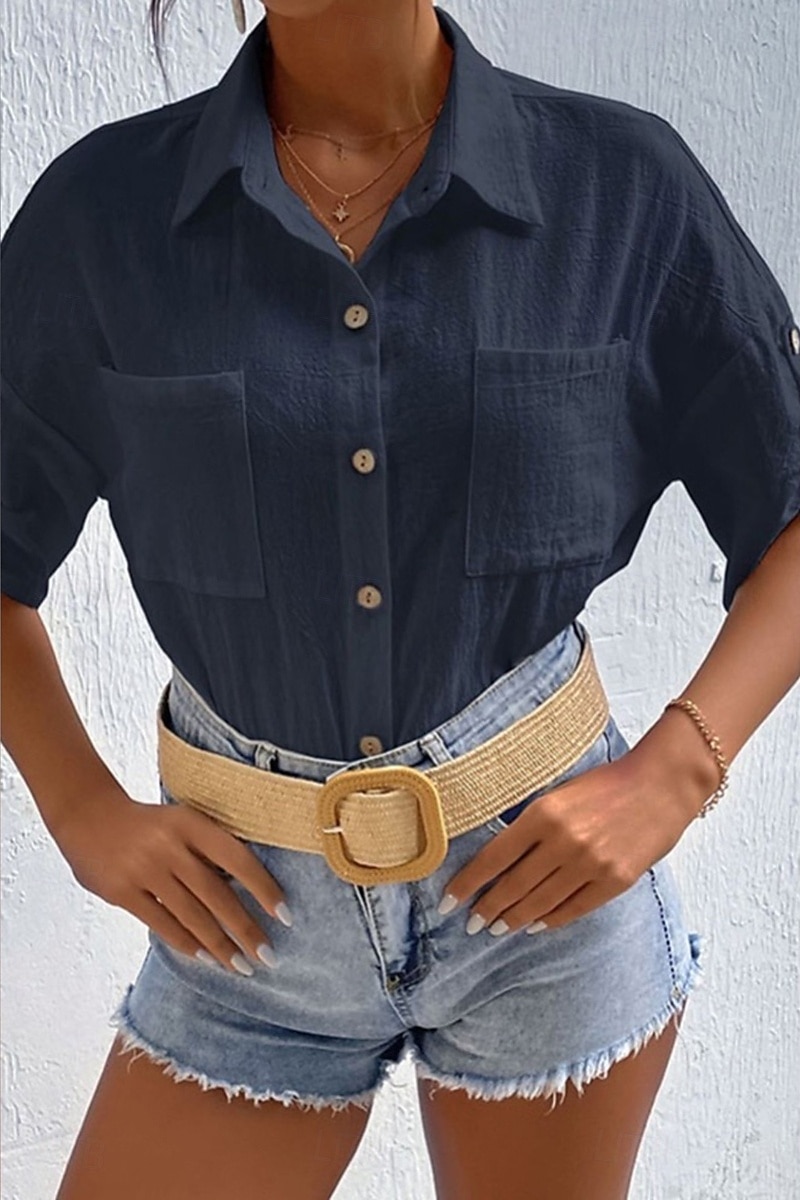 Damen Hemd Baumwoll-Leinen-Hemden Knopfleiste Bluse Einfach Basic Lässig Kurzarm Hemdkragen Normale Oberteile Ferien Ausgehen Knöpfe Tasche Schwarz Weiß Marineblau Khaki Grau Sommer 2025 - $21.99 –P12