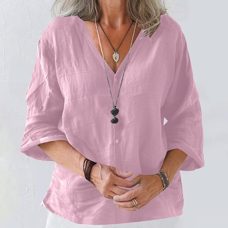 Damen Bluse Baumwoll-Leinen-Hemden Einfach Basic Modern Dreiviertelarm V Ausschnitt Normale Oberteile Täglich Ferien Ausgehen Knöpfe Schwarz Weiß Rosa Braun Aprikose Sommer 2025 - $22.99 –P16