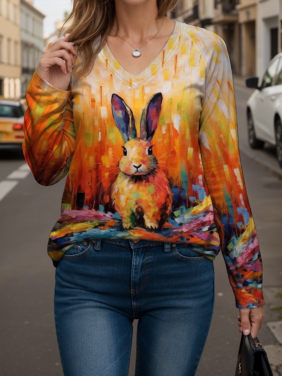 Wielkanoc Damskie Bluzka Ombre Graficzny Zwierzę Nowoczesny Codzienny Długi rękaw W serek Zwykłe topy Codzienny Nadruk Pomarańczowy Lato Wiosna 2025 - $22.99 –P1