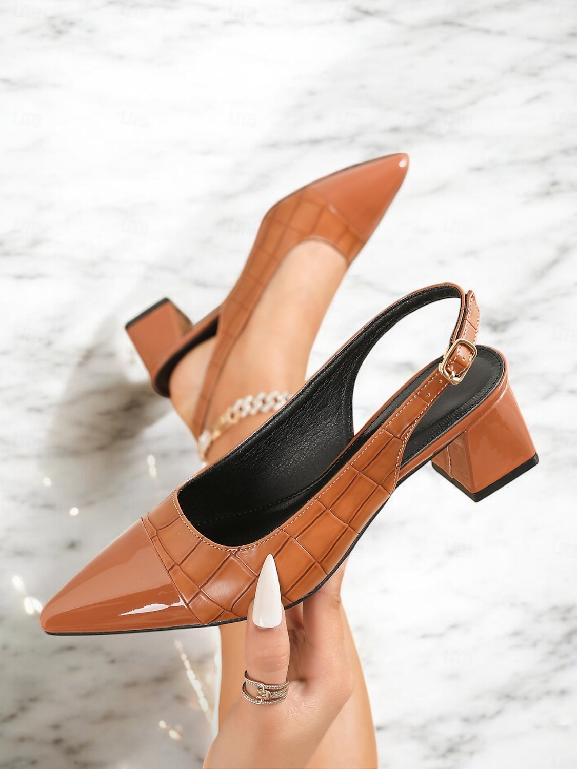 Women's Patent Leather Pointed Toe Slingback Heels – Elegant Croc-Embossed Block Heel Pumps for Office, Party and Formal Events 2025 - $32.99 –P3