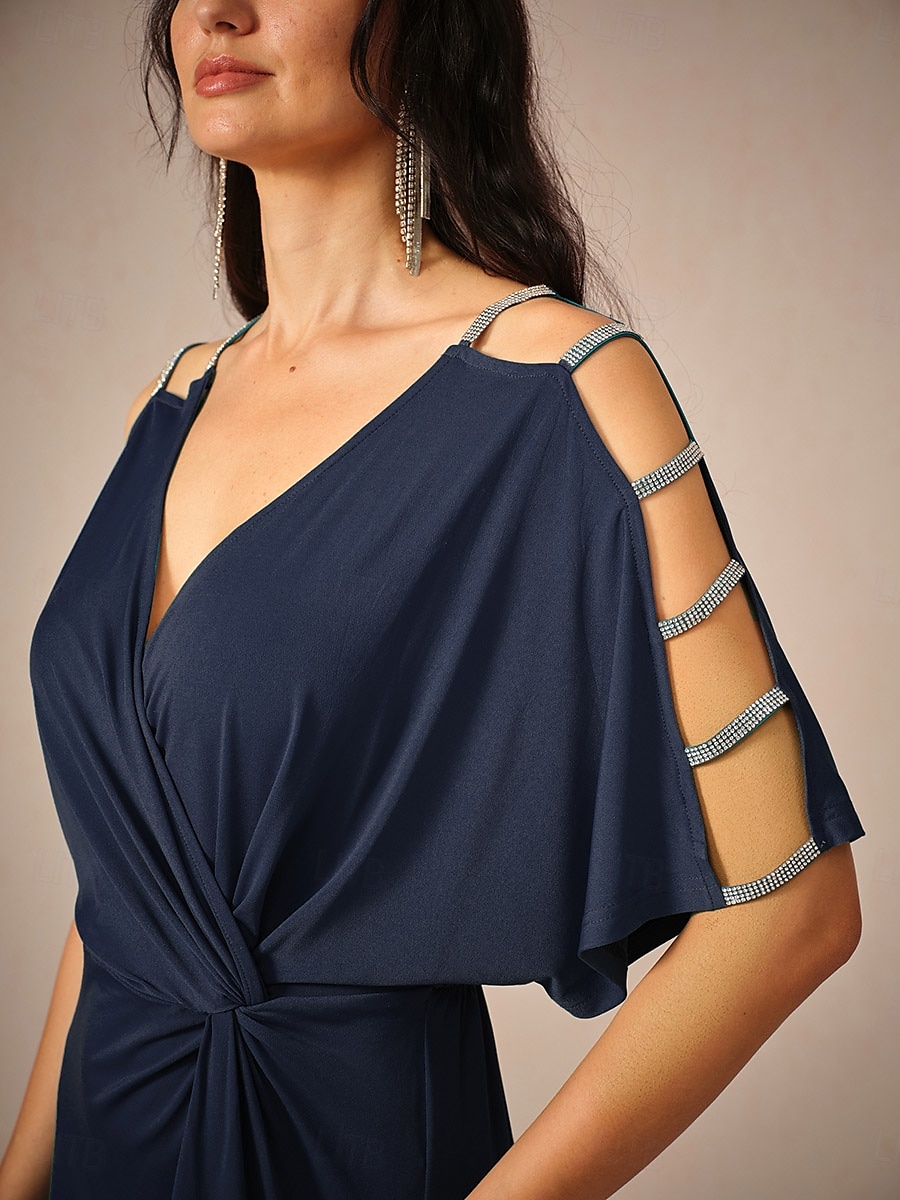 Dames Halflange jurk Gebreide jurk Elegant Stijlvol Feest Afspraakje Normale pasvorm Effen Kleur Korte mouw V-hals Marineblauw Zomer 2025 - $72.99 –P2