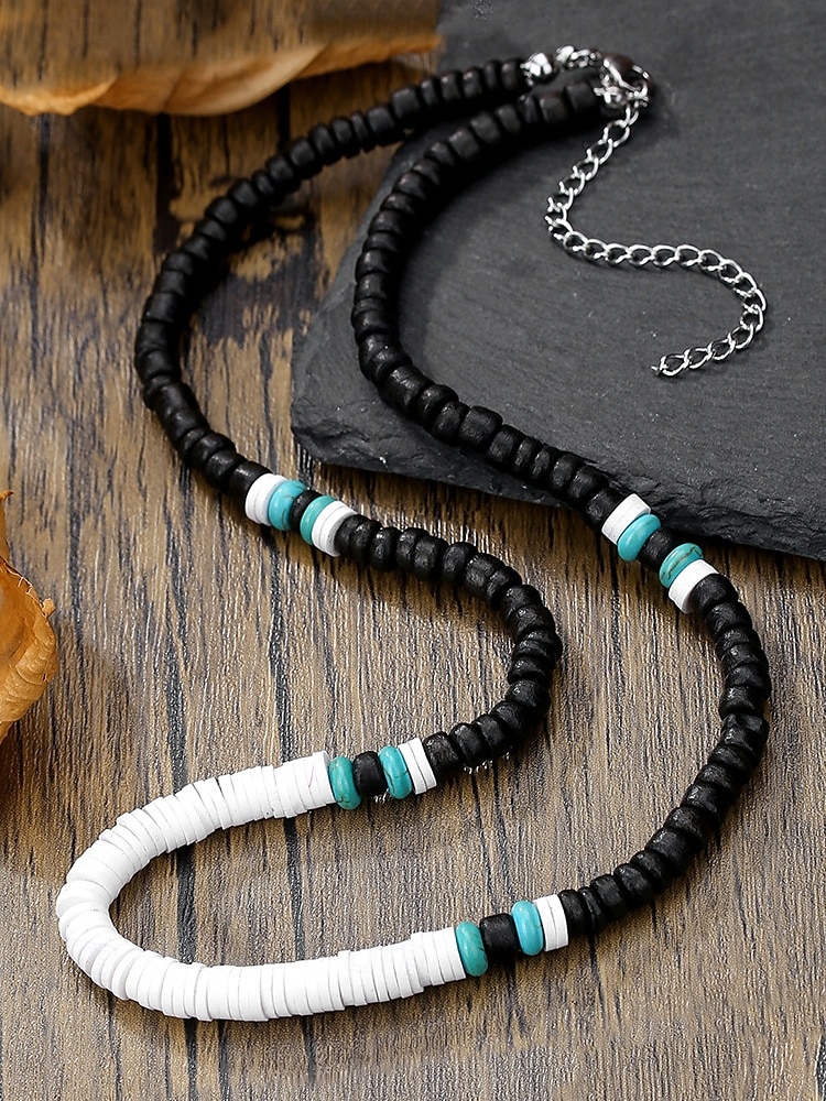 Collier de perles en pierre naturelle fait main pour homme – ras du cou style bohème vintage turquoise et agate noire, bijoux tribaux pour la plage, les voyages et les tenues décontractées de 2025 ? $9.99 –P8