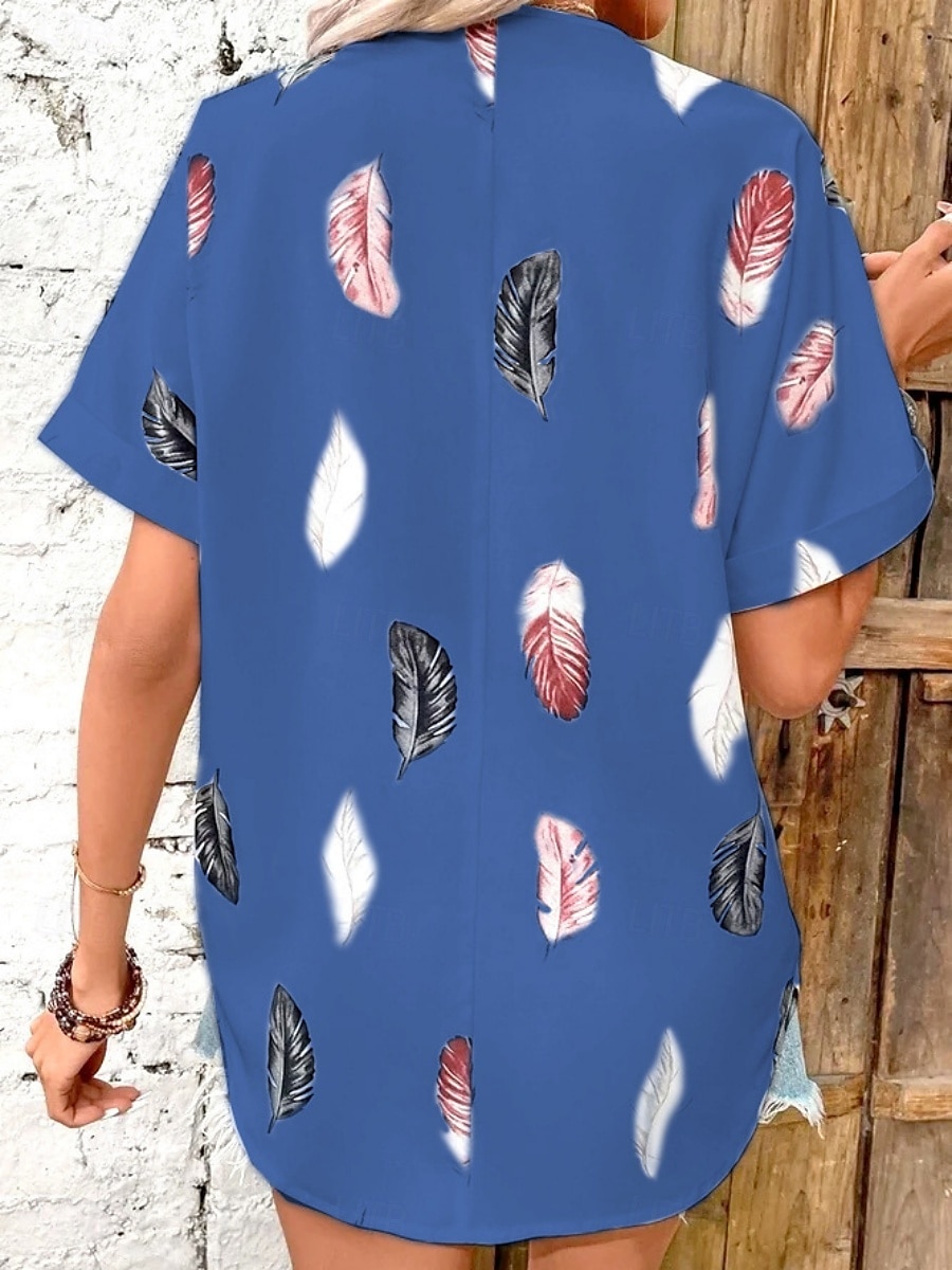 Women's Shirt Feather Stylish Casual Short Sleeve Shirt Collar Regular Tops Daily Buttons Print Black White Pink Wine Blue Summer Spring 2025 - $19.99 –P12