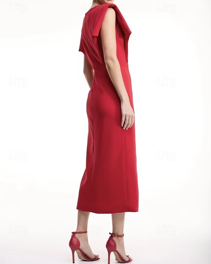 Abiti da Cocktail A-Line Abito Elegante Matrimonio Formale Lunghezza Tè Senza Maniche Collo a Giro Abito Rosso Crepe Elastico del 2025 a $144.99 –P3