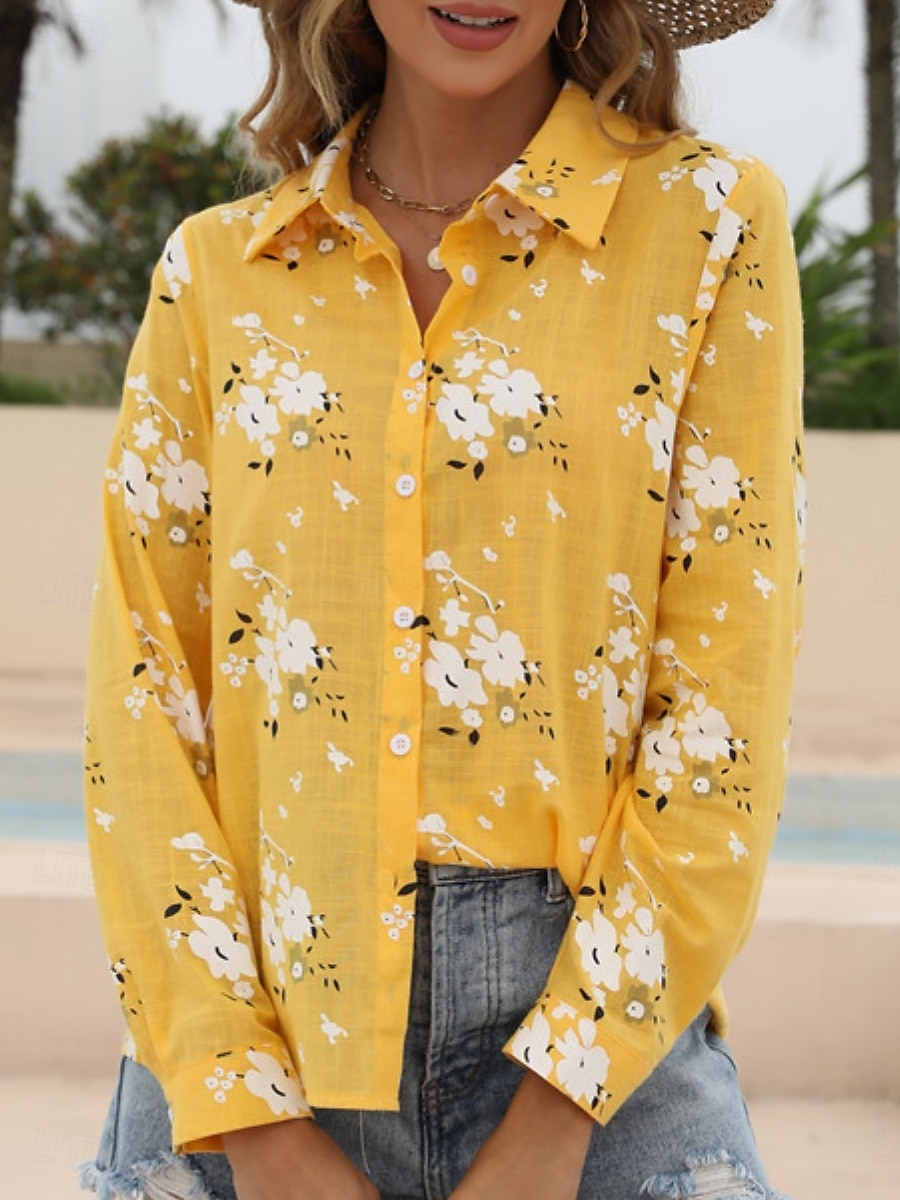 Damenhemd Floral Stylish Casual Langarmhemd Kragen Regelmäßige Tops Täglich Leinenähnliche Knöpfe Druck Weiß Gelb Hellblau Sommer Frühling 2025 - $19.99 –P6