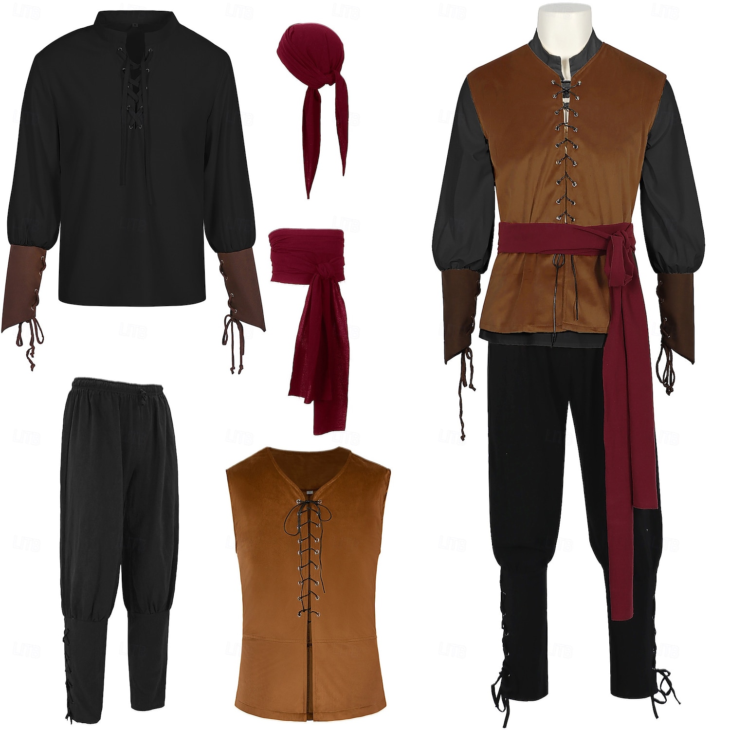 Retro Středověké Renesanční Cosplay kostým Úbory Semišová vesta Pirát Rytíř Šňůrky Maškarní kostým Pánské Pirát předvečer Všech svatých Karneval Plesová maškaráda Karneval LARP Ren Faire Dospělé 2025 - $80.99 –P4