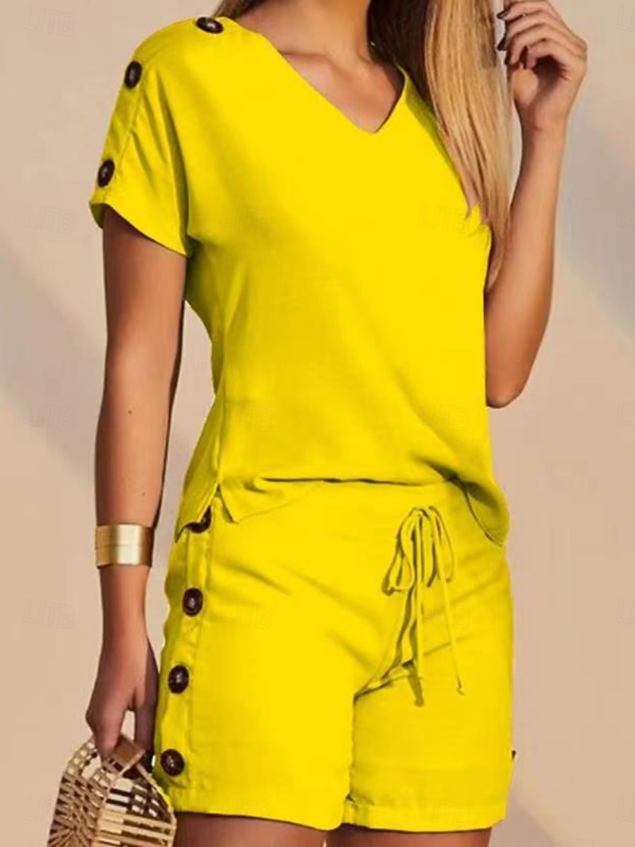 Zwei Teile Damen Mode Straßenbekleidung tägliche Shorts Sets Kurzarm V-Ausschnitt Geometrisch Einfarbig Drawstring Druck Freizeit Täglich Gelb Blau Orange Sommer Reguläre Passform 2026 - $41.99 –P4