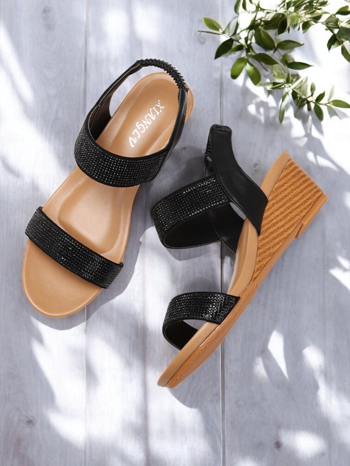 damskie sandały na koturnie z kryształkami – brązowe, odkryte palce, elastyczne paski, wygodne buty na lato, okazje codzienne i eleganckie 2026 - $34.99 –P3
