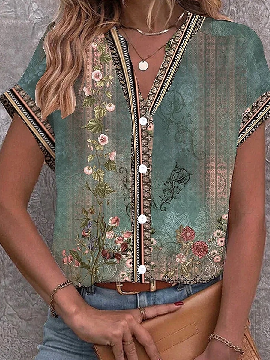 Damen Bluse Blumen Grafik Vintage Stilvoll Ethnisch Kurzarm Einkerbiger Ausschnitt Normale Oberteile Täglich Knöpfe Druck Salbeigrün Sommer Frühling 2025 - $29.99 –P1