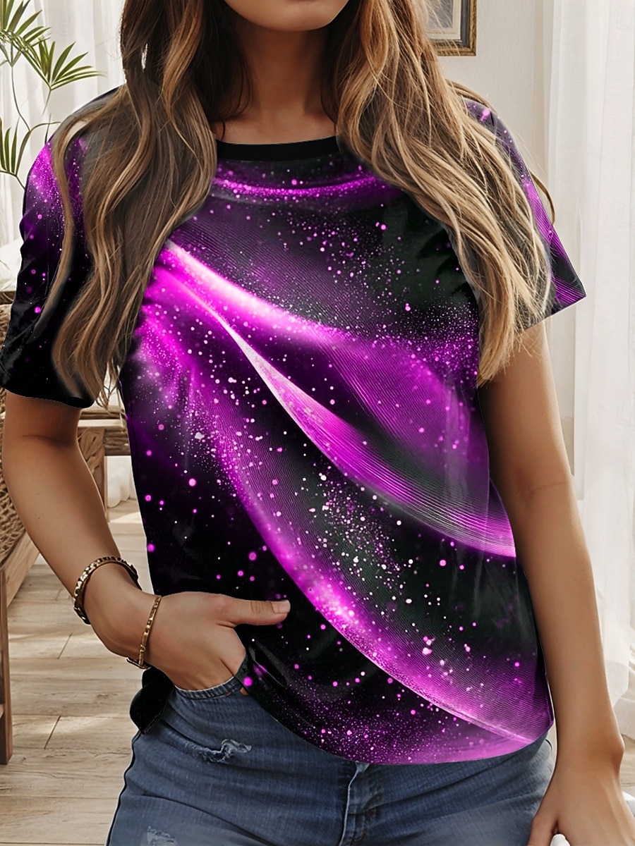 Women's T Shirt Ombre Graphic Geometric Casual Short Sleeve Round Neck Regular Tops Daily Print Blue Purple Summer Spring 2025 - $19.99 –P4