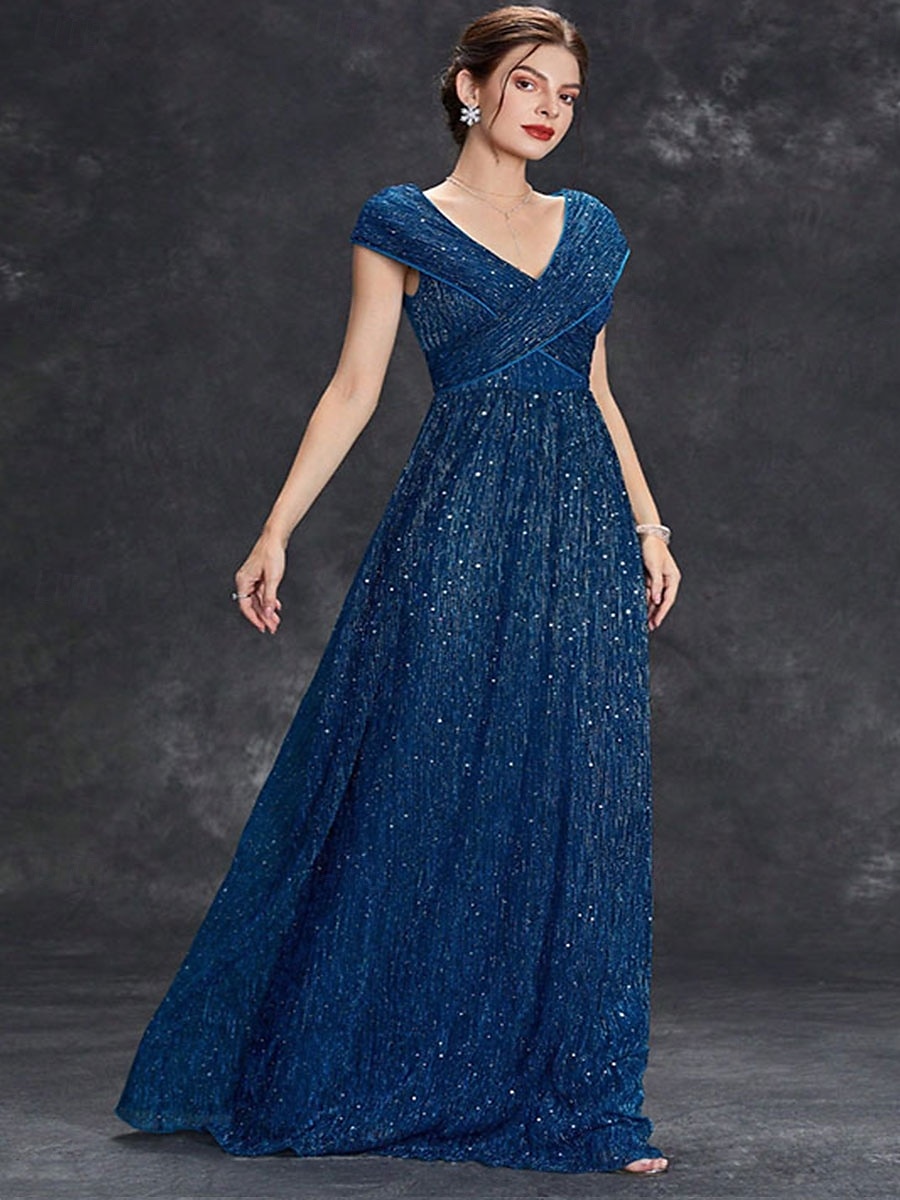Dress Mother of the Bride Dress Elegant Party V Neck Floor Length Chiffon Polyester Short Sleeve with Sequin 2025 - $89.99 –P7