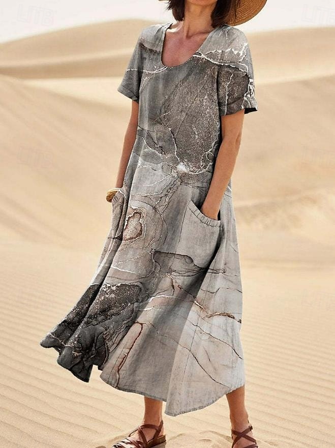 Femmes Robe Midi Robe d'Été Robe trapèze Vacances Occasionnel Boho Sortir Plage Graphique Manche Courte Col Rond Frêne Bleu Orange Vert Été Printemps de 2025 ? $29.99 –P4