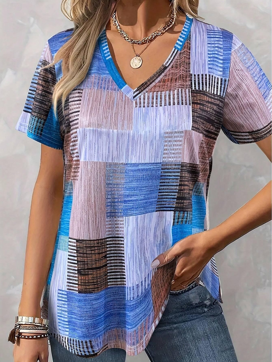 Women's Blouse Graphic Geometric Casual Short Sleeve V Neck Regular Tops Daily Print Blue Purple Orange Green Summer Spring 2025 - $19.99 –P1