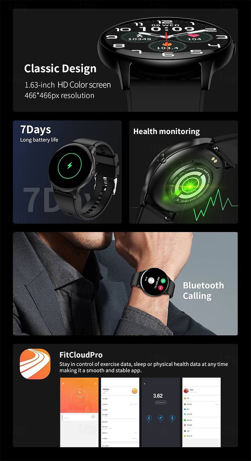 696 HDT6MAX Montre intelligente 1.63 pouce Smartwatch Montre Connectée Bluetooth ECG+PPG Podomètre Rappel d'appel Compatible avec Android iOS Femmes Hommes Appels Mains Libres Rappel de Message IP 67 de 2025 ? $39.99 –P2
